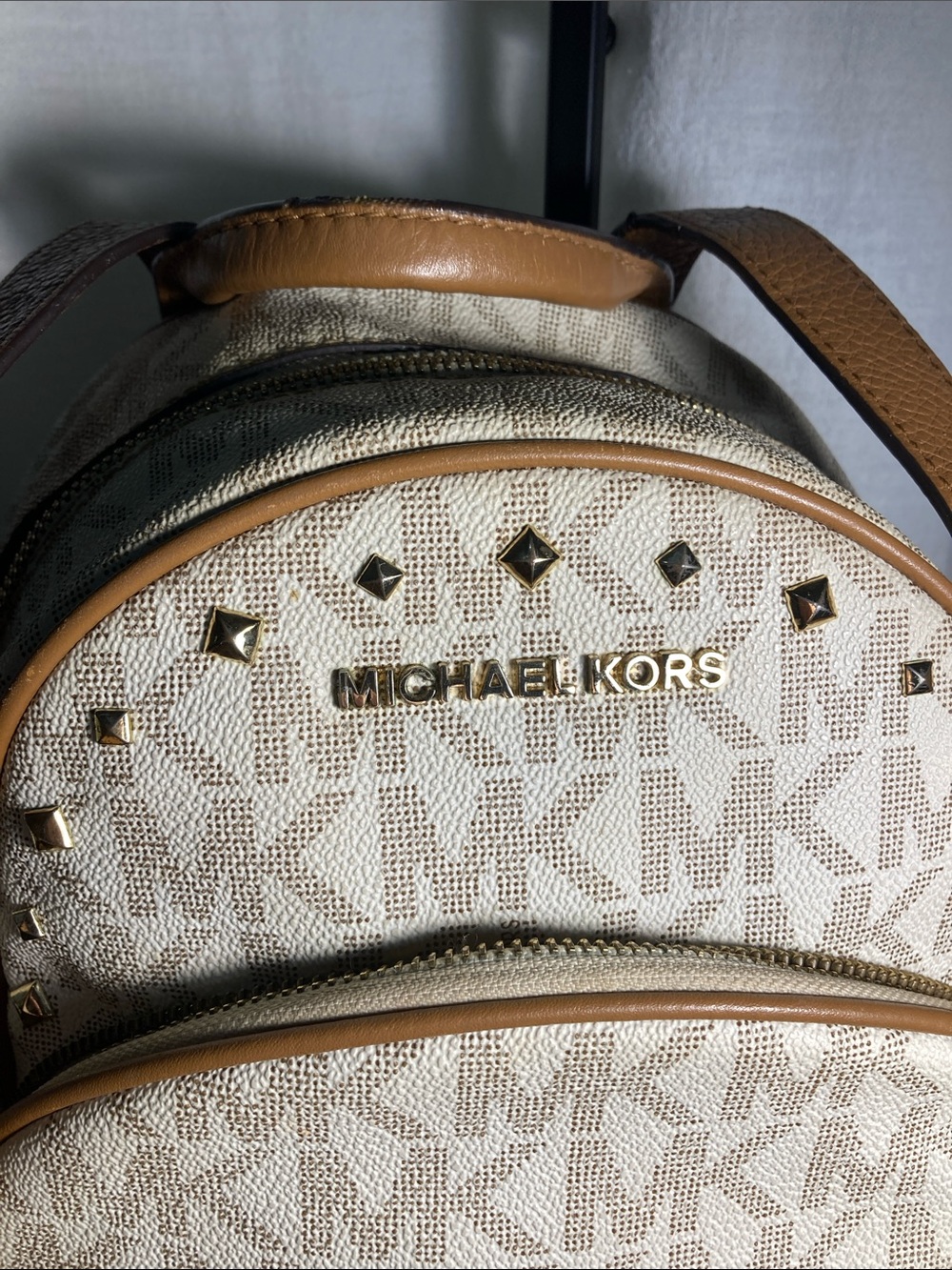 Michael Kors Cream and Tan MK Logo Studded Abbey Medium Backpack - Picture 2 of 12